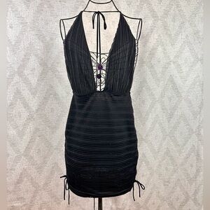 Lucy in the sky black glitter halter mini ruched dress size L
